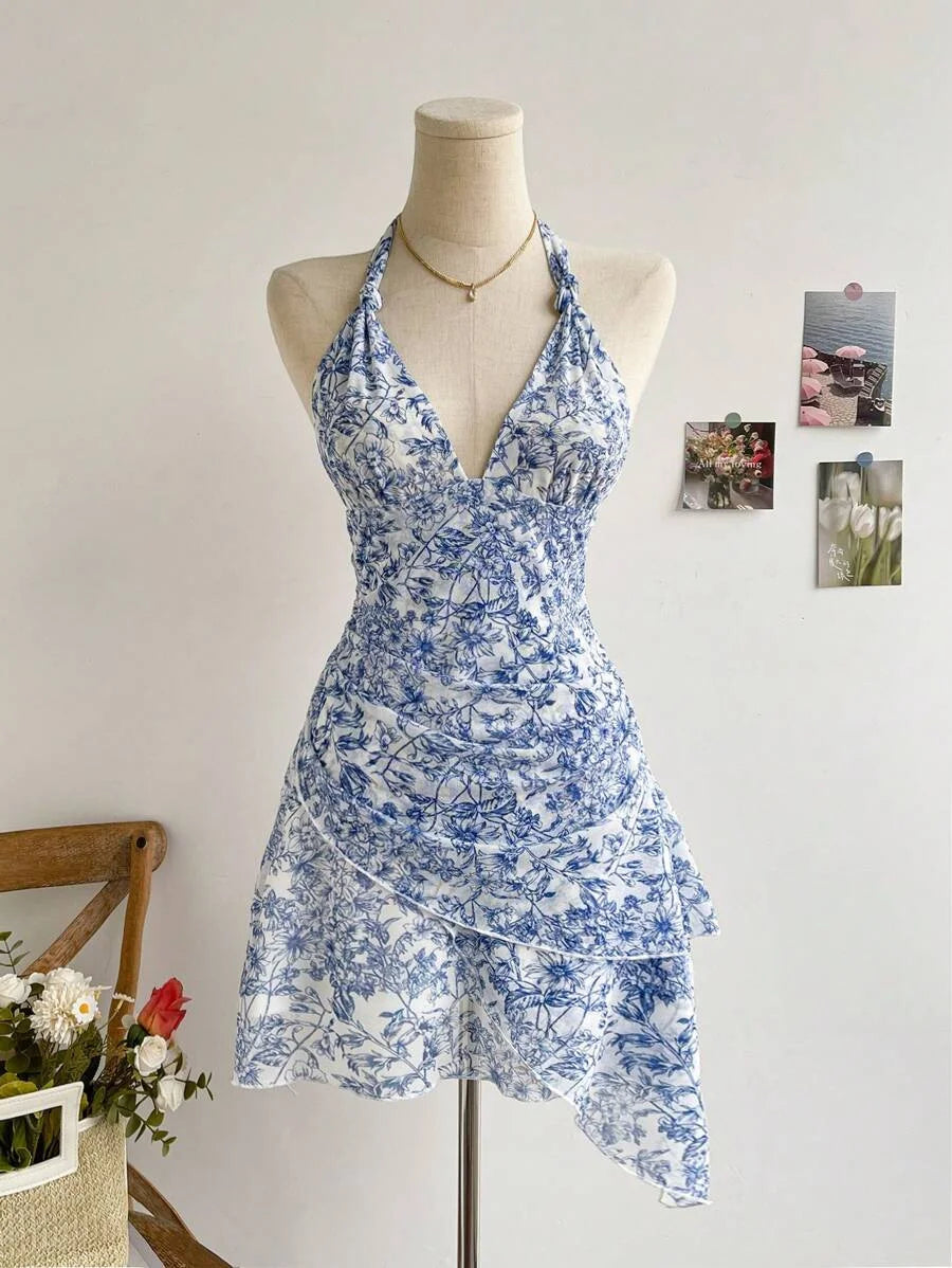 Blue Floral Mesh V-Neck Party Dress