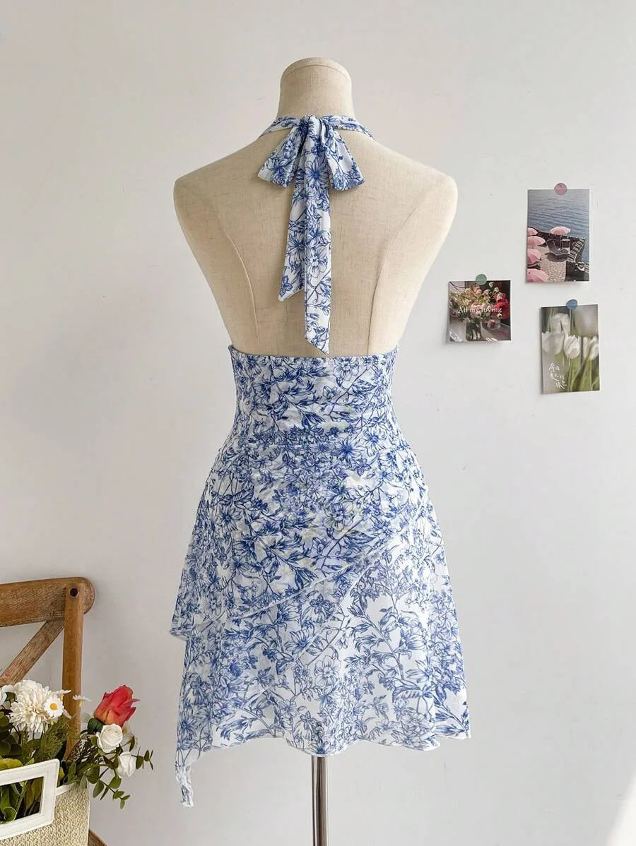 Blue Floral Mesh V-Neck Party Dress