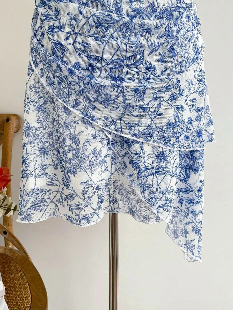 Blue Floral Mesh V-Neck Party Dress