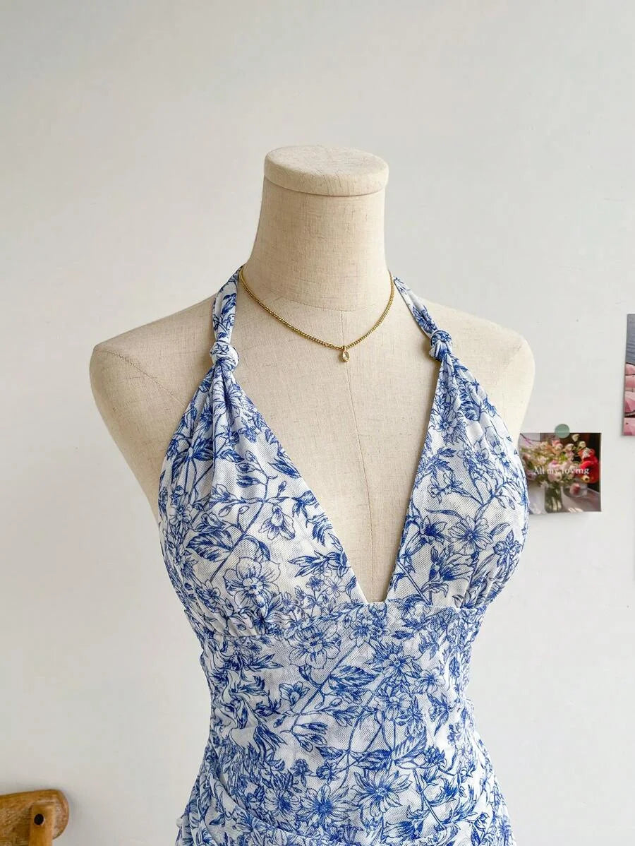Blue Floral Mesh V-Neck Party Dress
