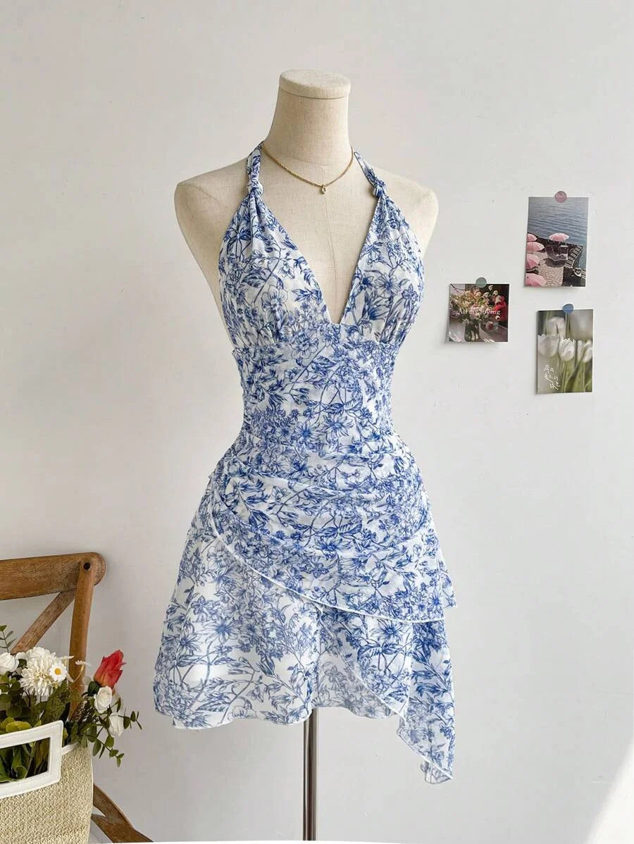 Blue Floral Mesh V-Neck Party Dress